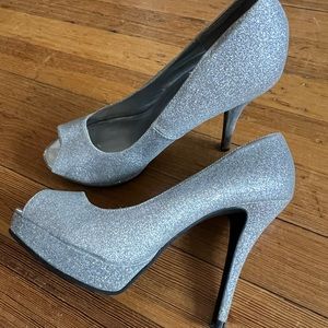 silver sparkle peep toe heels